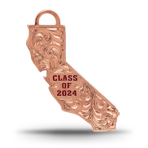 A custom silver tassel charm for 2024 graduates, designed for memorial caps, featuring a California State Shape